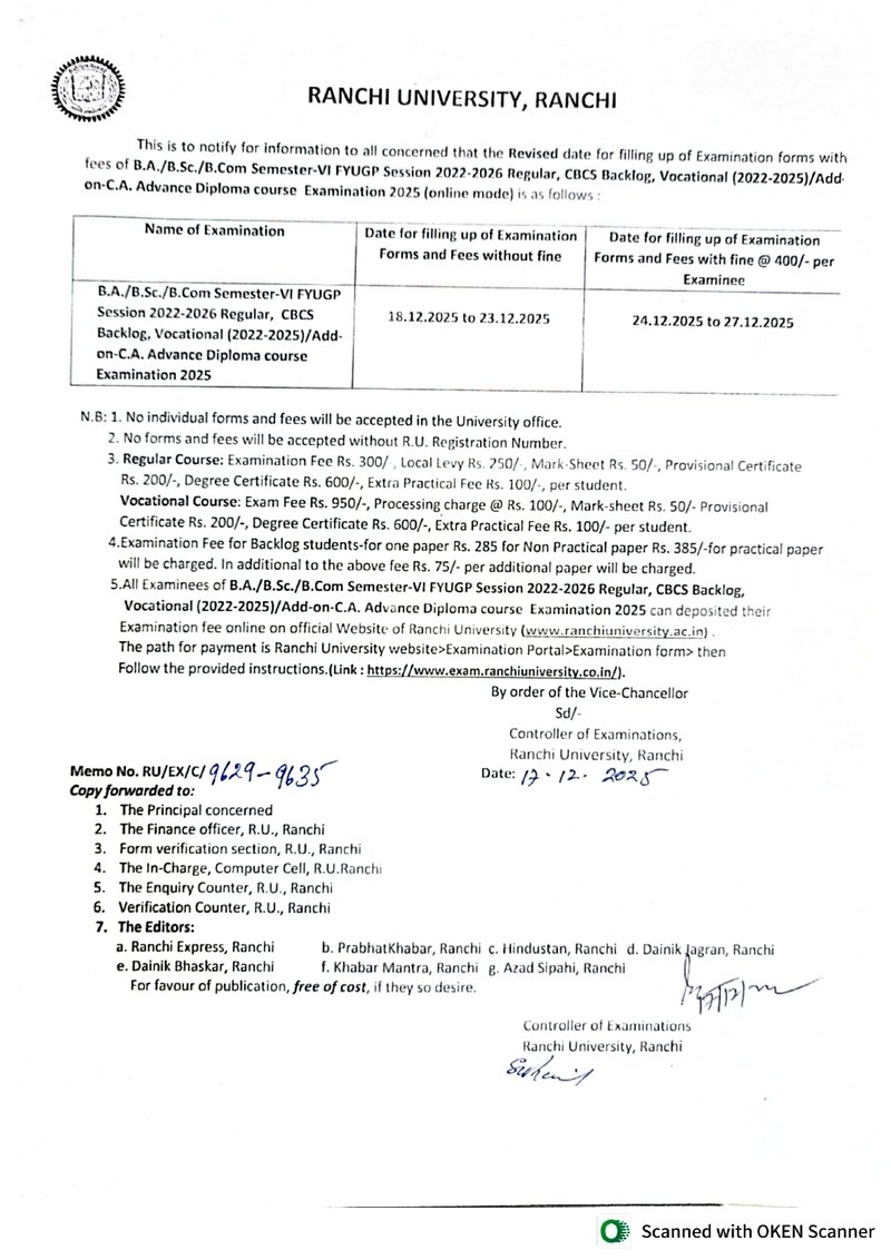 Revised date for filling of Examination forms with fees of B.A.,B.Sc.,B.Com. Semester -VI FYUGP (2022-2026) Regular,CBCS Backlog Vocational (2022-2025),Add-on-C.A. Advance Diploma  (1)_page-0001.jpg