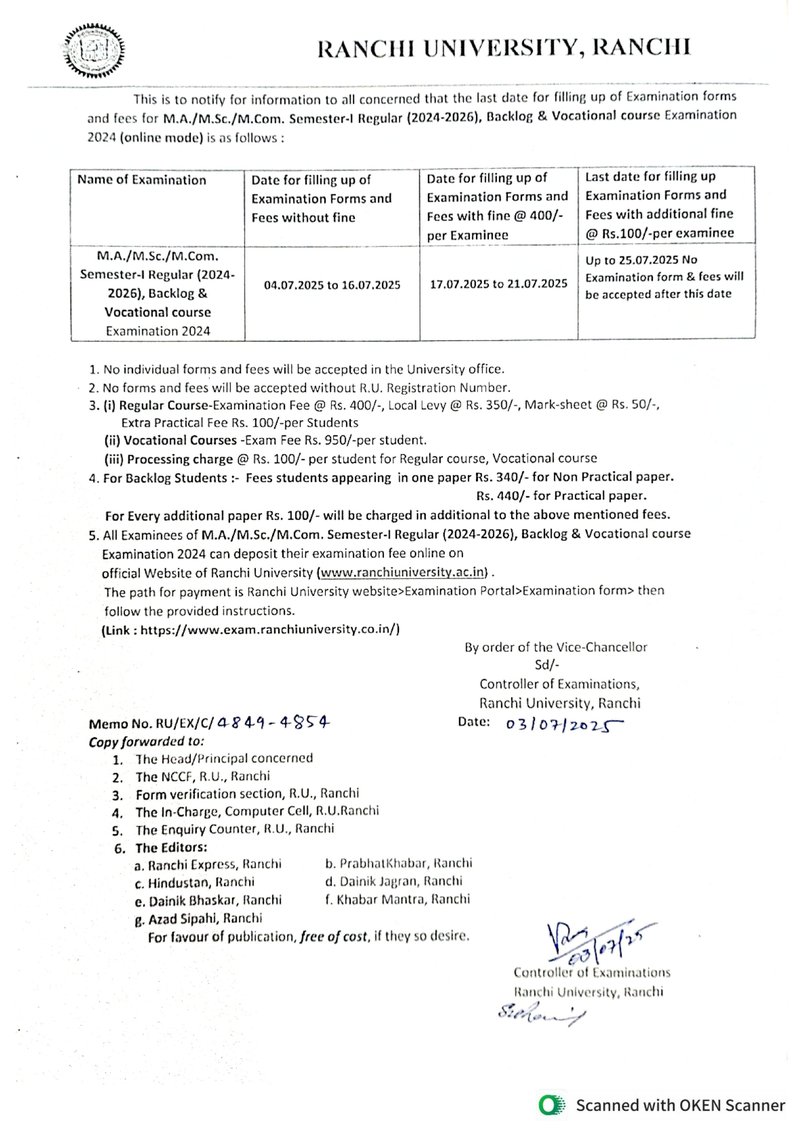 noticeFilling up of Examination forms and fees for M.A., M.Sc., M.Com. Semester -I Regular (2024-26), Backlog & Vocational course Examination 2024